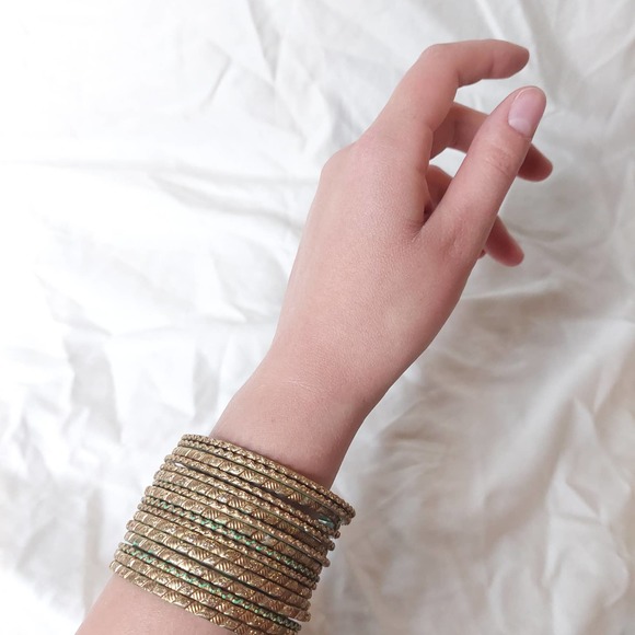 Vintage Gold Tone Textured Costume Bangle Stack Set of 16 with Pop of Mint Green - Picture 5 of 7